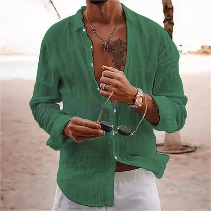 Men's Cotton Linen Casual Shirt — Loose Solid Long Sleeve Button-Up | 12 Colors S–XXXL