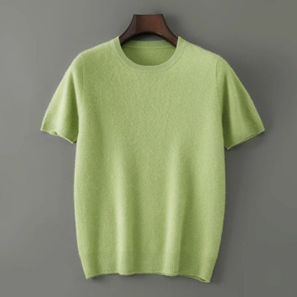 Men's 100% Pure Cashmere Knitted T-Shirt — Luxury Round Neck Short Sleeve Top