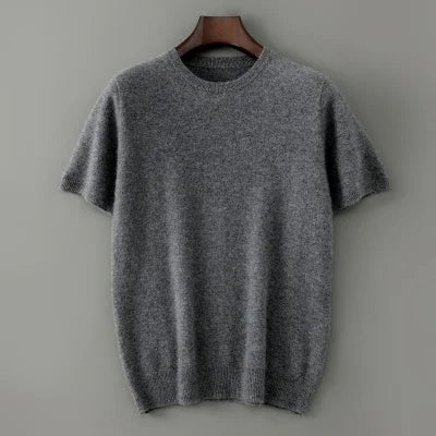 Men's 100% Pure Cashmere Knitted T-Shirt — Luxury Round Neck Short Sleeve Top