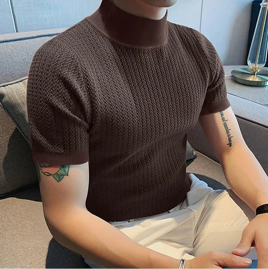 Men's High Neck Water Ripple Knitted T-Shirt — Slim Fit Breathable Casual Summer Top | 4 Colors S–XXXL