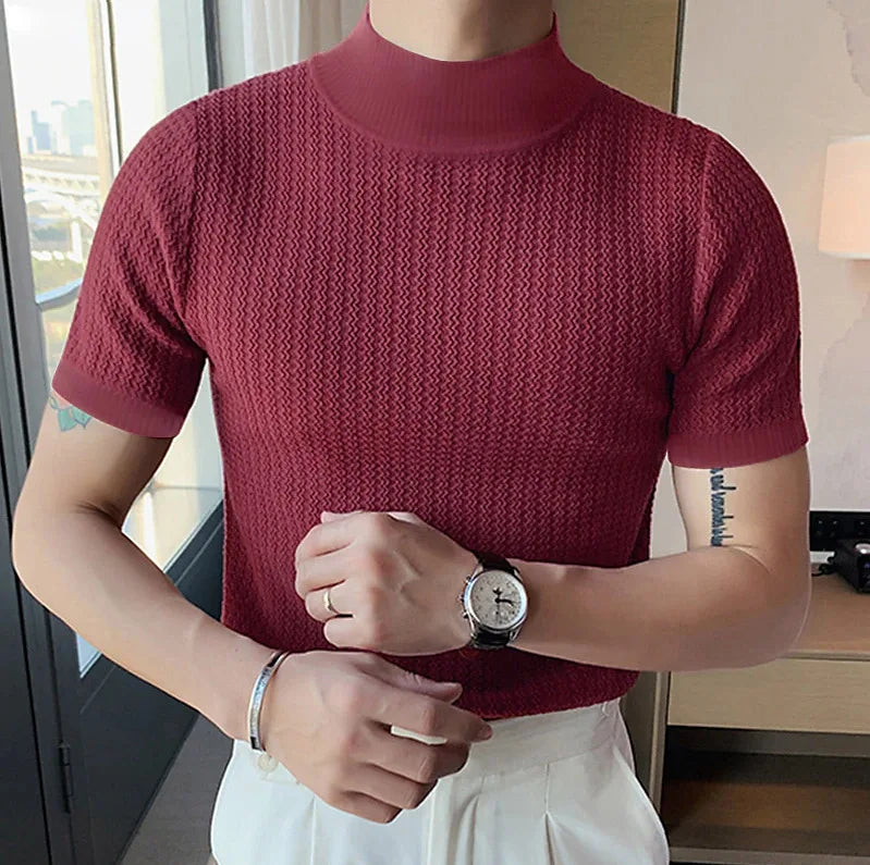 Men's High Neck Water Ripple Knitted T-Shirt — Slim Fit Breathable Casual Summer Top | 4 Colors S–XXXL