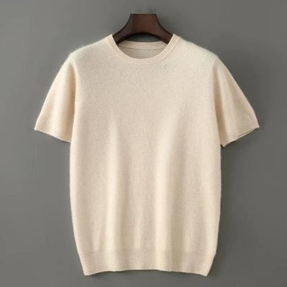 Men's 100% Pure Cashmere Knitted T-Shirt — Luxury Round Neck Short Sleeve Top