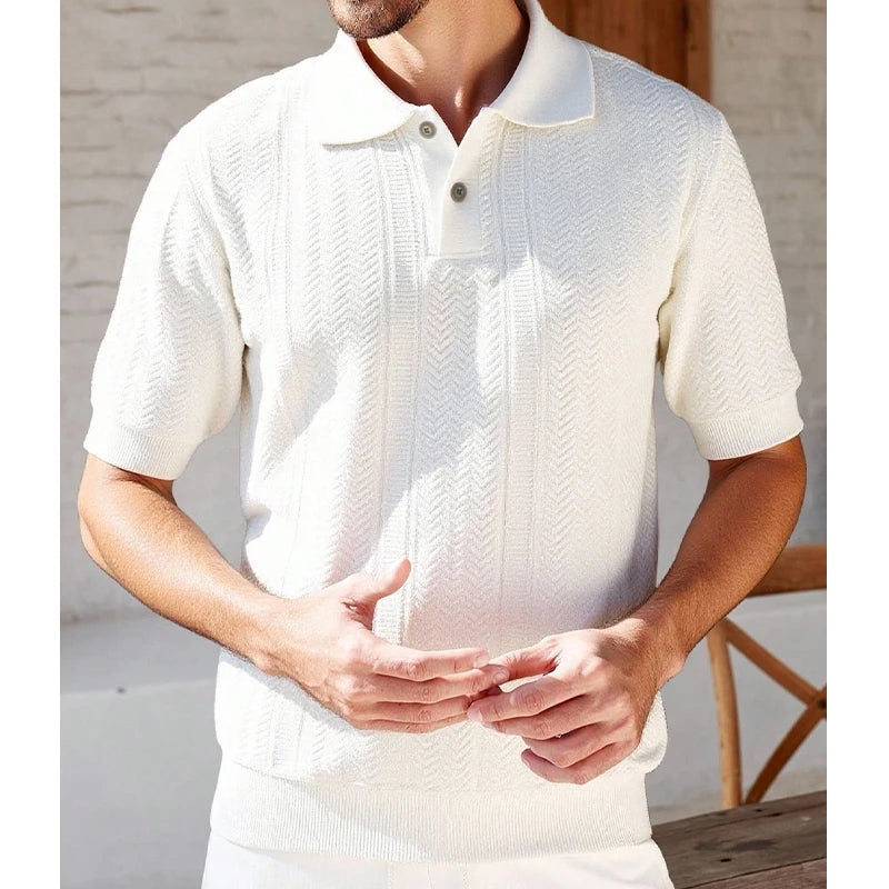 Men's Textured Knit Polo Shirt — Smart Casual Button Collar Short Sleeve Top