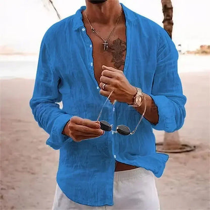 Men's Cotton Linen Casual Shirt — Loose Solid Long Sleeve Button-Up | 12 Colors S–XXXL