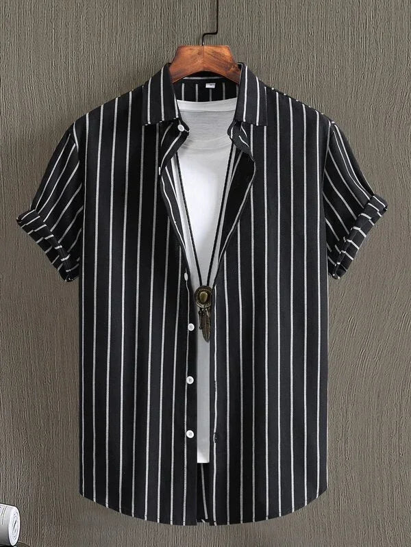 Men's Hawaiian Print Short Sleeve Shirt — Striped Beach Casual Vacation Top