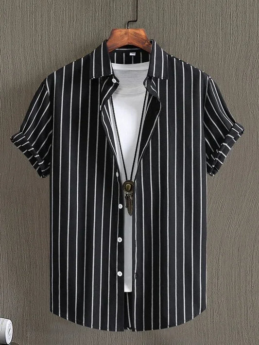 Men's Hawaiian Print Short Sleeve Shirt — Striped Beach Casual Vacation Top