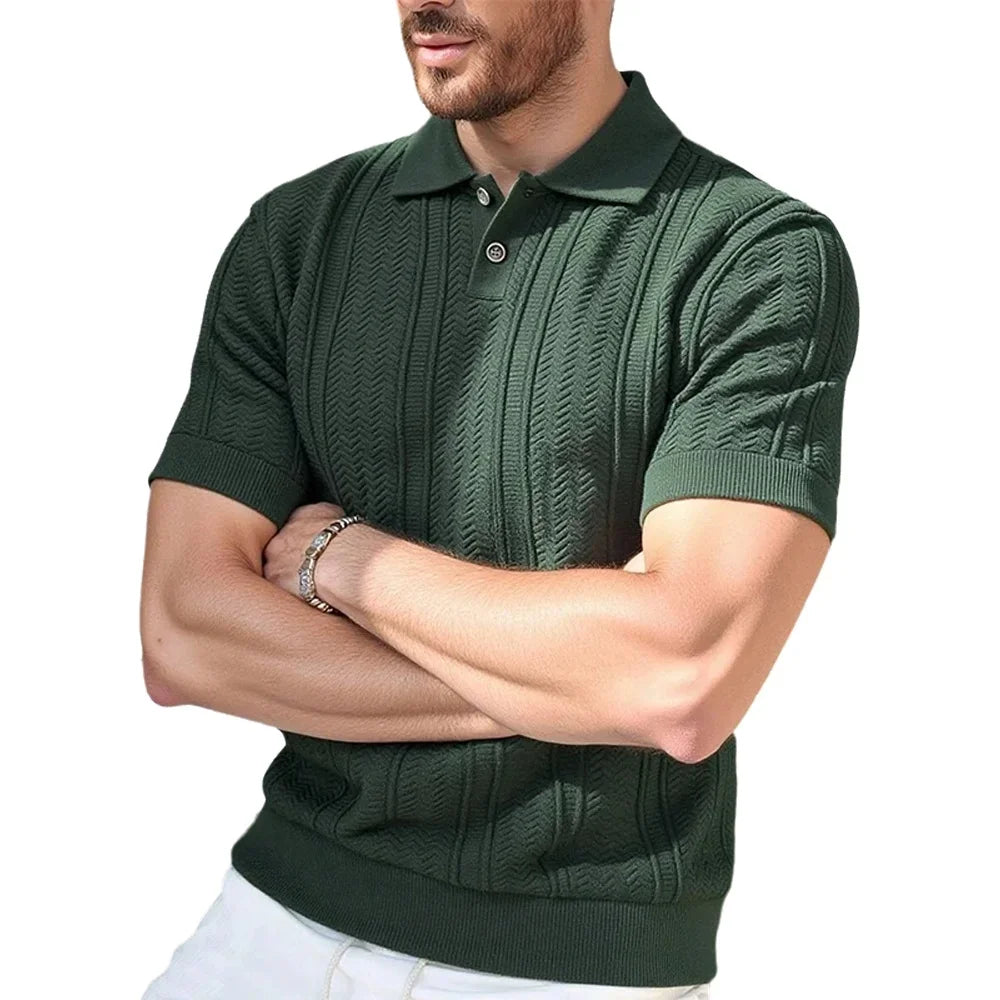 Men's Textured Knit Polo Shirt — Smart Casual Button Collar Short Sleeve Top