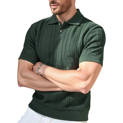 Men's Textured Knit Polo Shirt — Smart Casual Button Collar Short Sleeve Top