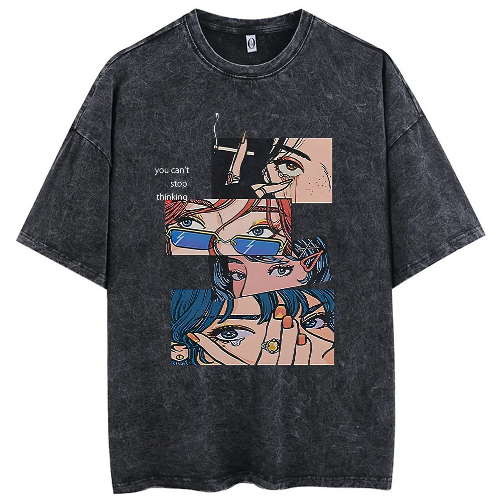 Men's Hip Hop Streetwear Vintage Washed Anime Graphic T-Shirt — Harajuku Cotton Casual Loose Tee