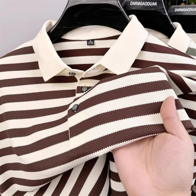 Men's Striped Color-Block Polo Shirt — Short Sleeve Korean Preppy Golf Casual Top