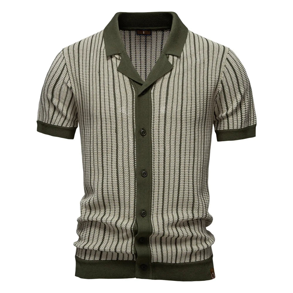 Men's Knitted Striped Polo Shirt — Short Sleeve Single Breasted Breathable Smart Casual Summer Top