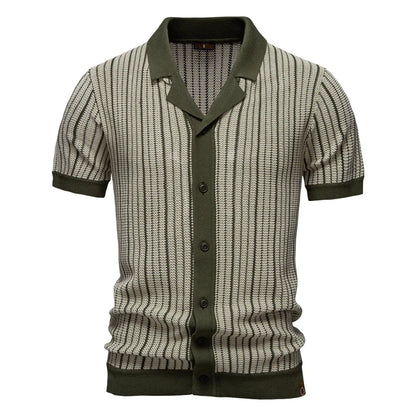 Men's Knitted Striped Polo Shirt — Short Sleeve Single Breasted Breathable Smart Casual Summer Top