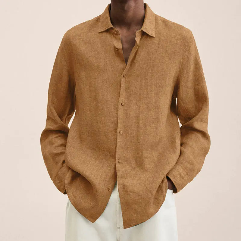 Men's Solid Color Long Sleeve Casual Shirt — Lapel Button-Up Loose Fit Smart Casual Top