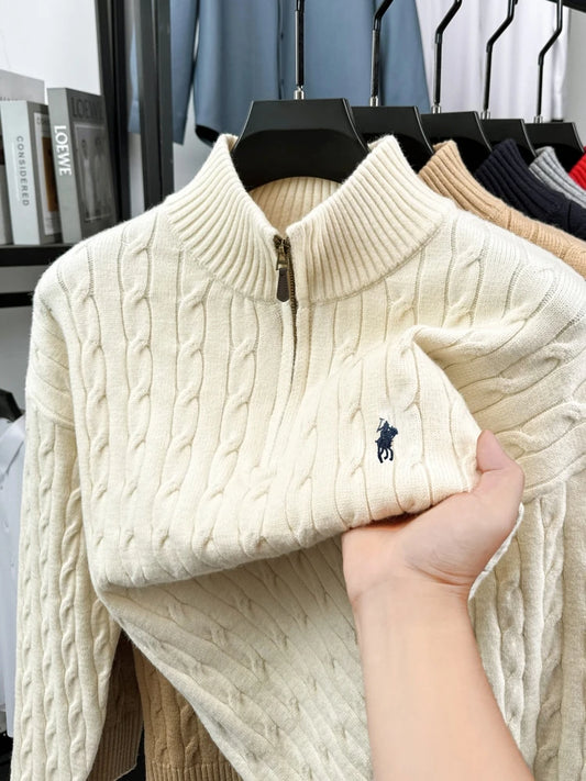 Men's Embroidered Mock Neck Knit Pullover — Luxury Half-Zip Casual Winter Sweater