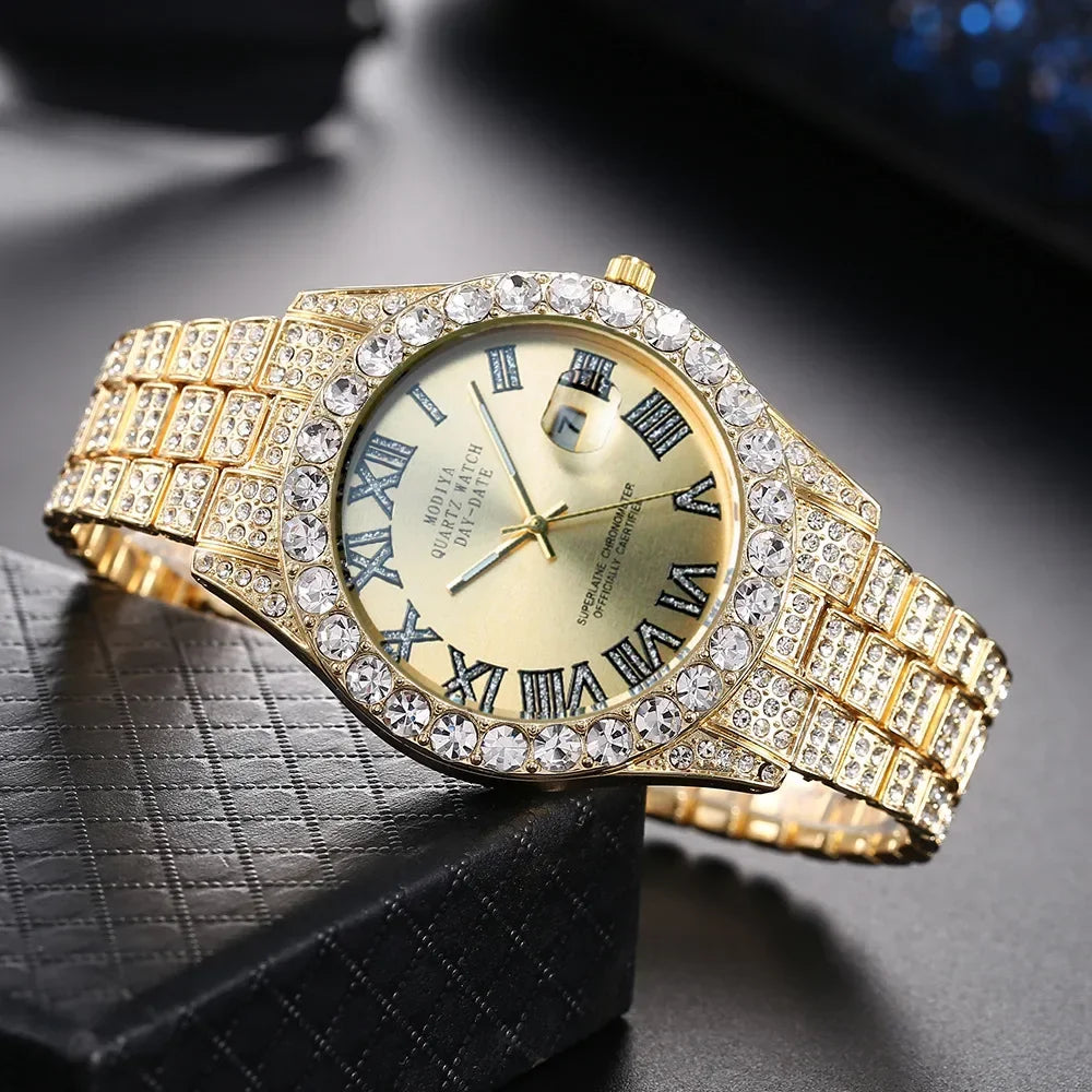 Men's Diamond Rhinestone Quartz Watch — Luxury Gold Bling Calendar Wristwatch
