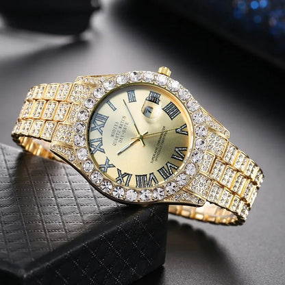 Men's Diamond Rhinestone Quartz Watch — Luxury Gold Bling Calendar Wristwatch