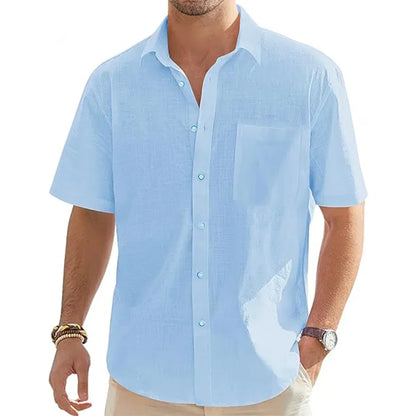 Men's Cotton Linen Short Sleeve Shirt — Lightweight Casual Summer Button-Down with Pocket | 5 Colors US S–XXXL