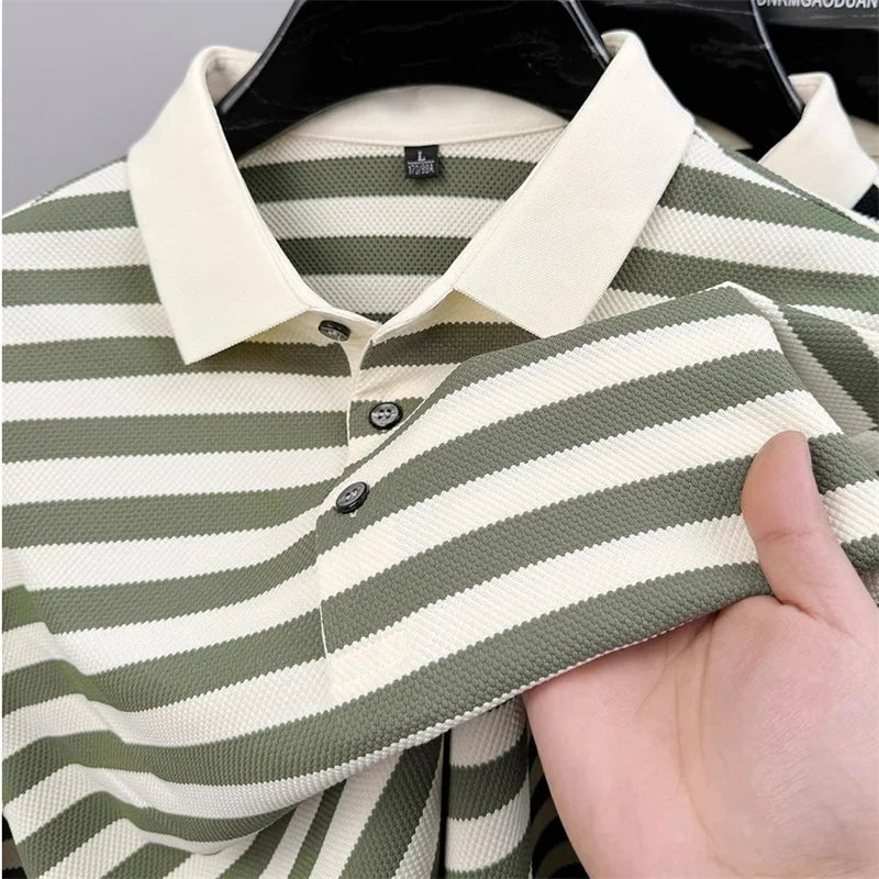 Men's Striped Color-Block Polo Shirt — Short Sleeve Korean Preppy Golf Casual Top