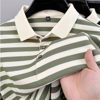 Men's Striped Color-Block Polo Shirt — Short Sleeve Korean Preppy Golf Casual Top