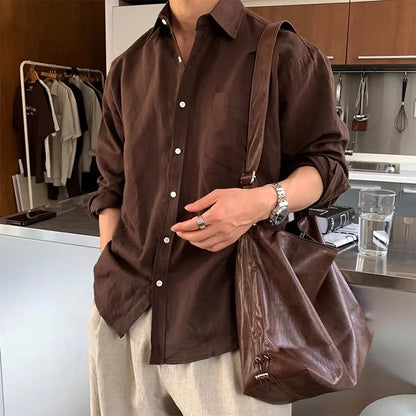 Men's Linen Blend Long Sleeve Shirt — UV Protection Korean Minimalist Casual Button-Down