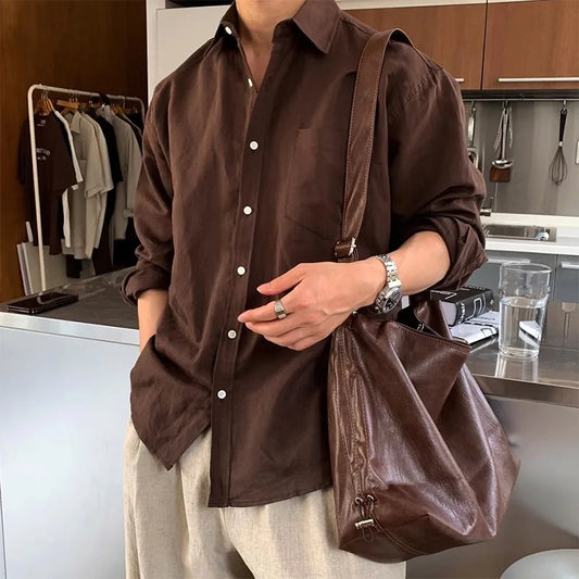 Men's Linen Blend Long Sleeve Shirt — UV Protection Korean Minimalist Casual Button-Down