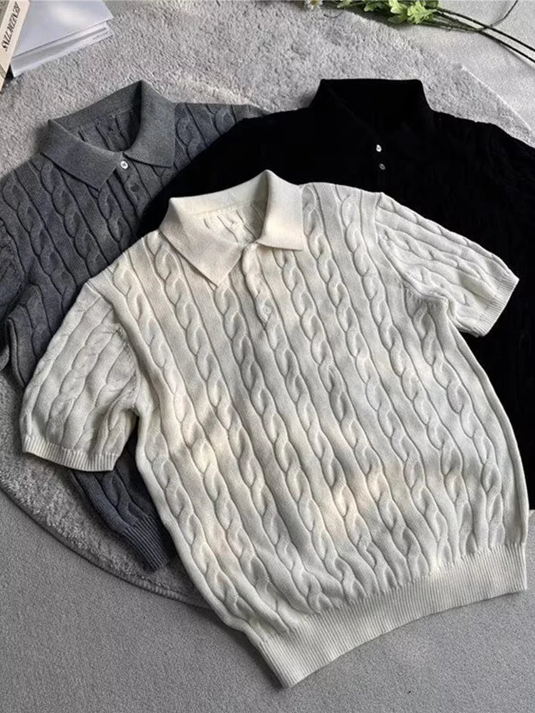 Men's Slim Fit Knitted Polo Shirt — Twist Jacquard Summer Casual Top