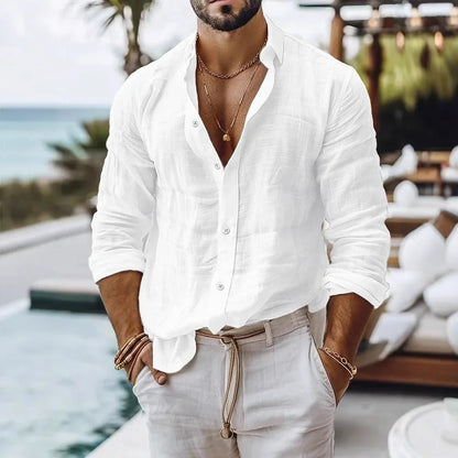 Men's Cotton Linen Long Sleeve Shirt — Solid Color Breathable Casual Button Top