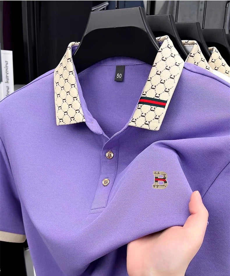 Men's Luxury Letter Embossed Polo Shirt — Color Block Lapel Short Sleeve Summer Top