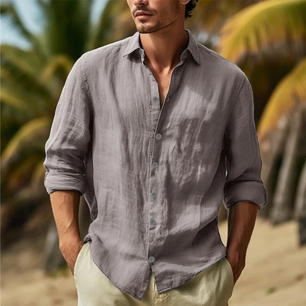 Men's Cotton Linen Casual Shirt — Turn Down Collar Lightweight Breathable Summer Top