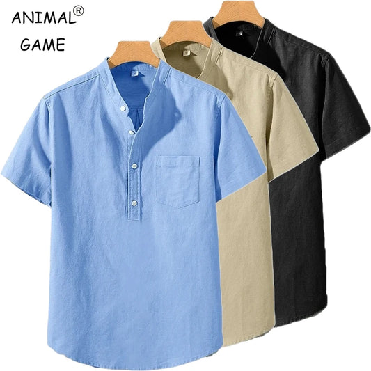 Men's Stand-Up Collar Cotton T-Shirt — Breathable Loose Fit Short Sleeve Summer Top