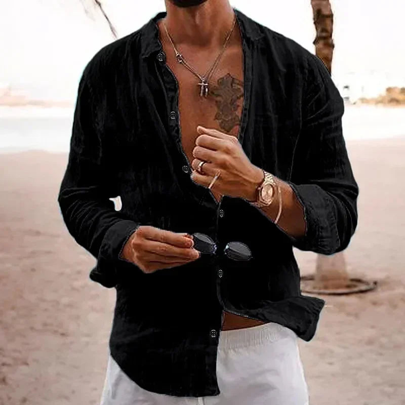 Men's Cotton Linen Casual Shirt — Loose Solid Long Sleeve Button-Up | 12 Colors S–XXXL