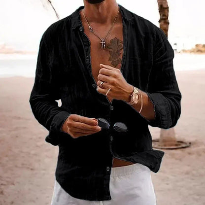 Men's Cotton Linen Casual Shirt — Loose Solid Long Sleeve Button-Up | 12 Colors S–XXXL