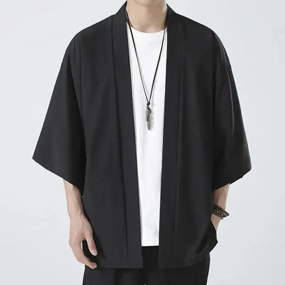 Men's Japanese Kimono Shirt — Open-Front Samurai Yukata Cardigan 3/4 Sleeve Summer Outwear