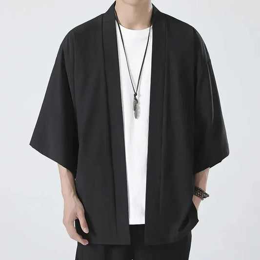 Men's Japanese Kimono Shirt — Open-Front Samurai Yukata Cardigan 3/4 Sleeve Summer Outwear
