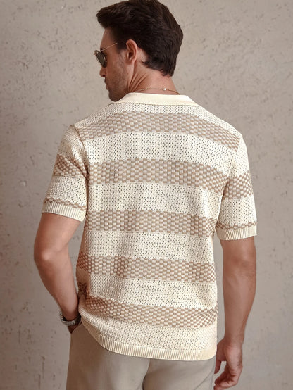 Men's Contrast Color Knitted Polo Shirt — Turn-Down Collar Short Sleeve Summer Top