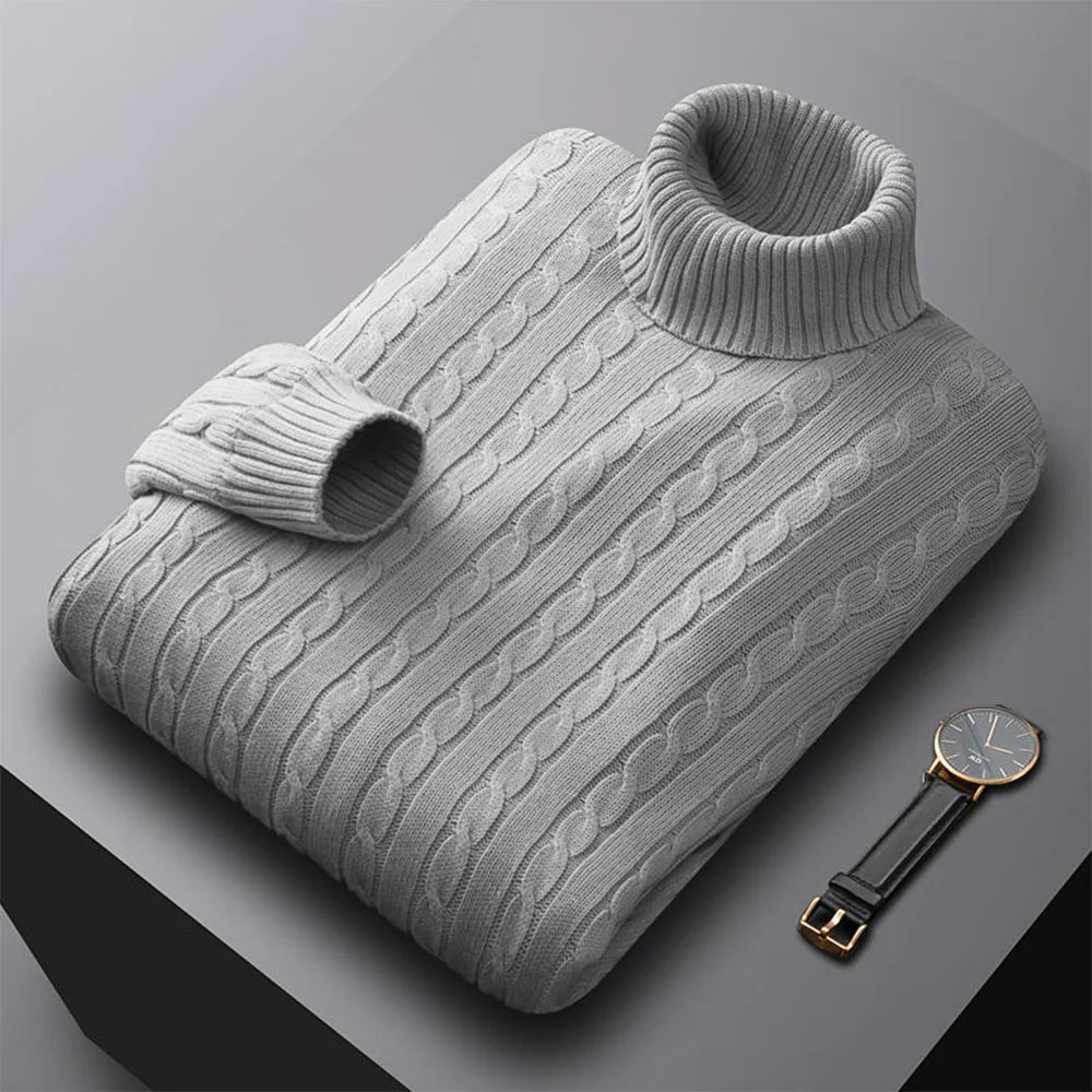 Men's Solid Color High Neck Pullover Sweater — Elastic Knitted Casual Sweatwear Autumn Winter